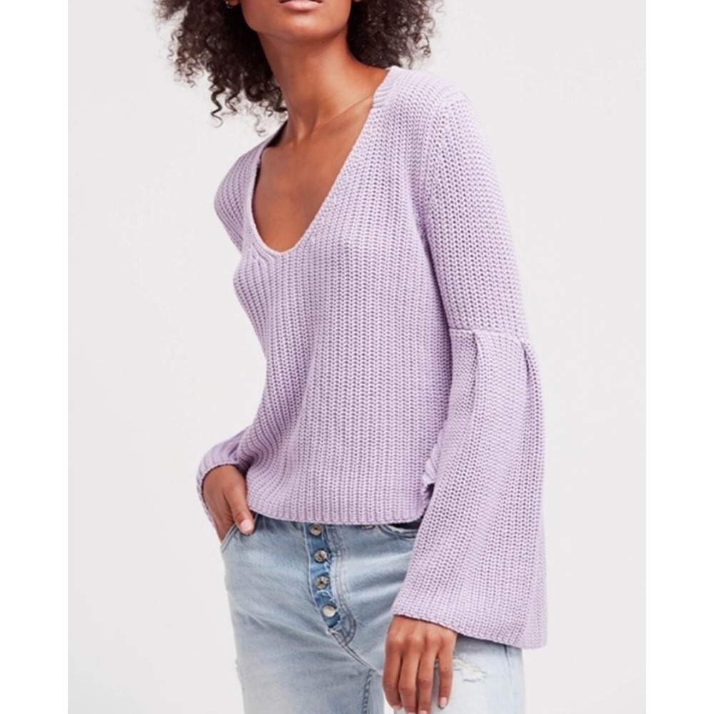 Free People Sweater V Neck Long‎ Bell Sleeve Purple Knit Pullover S